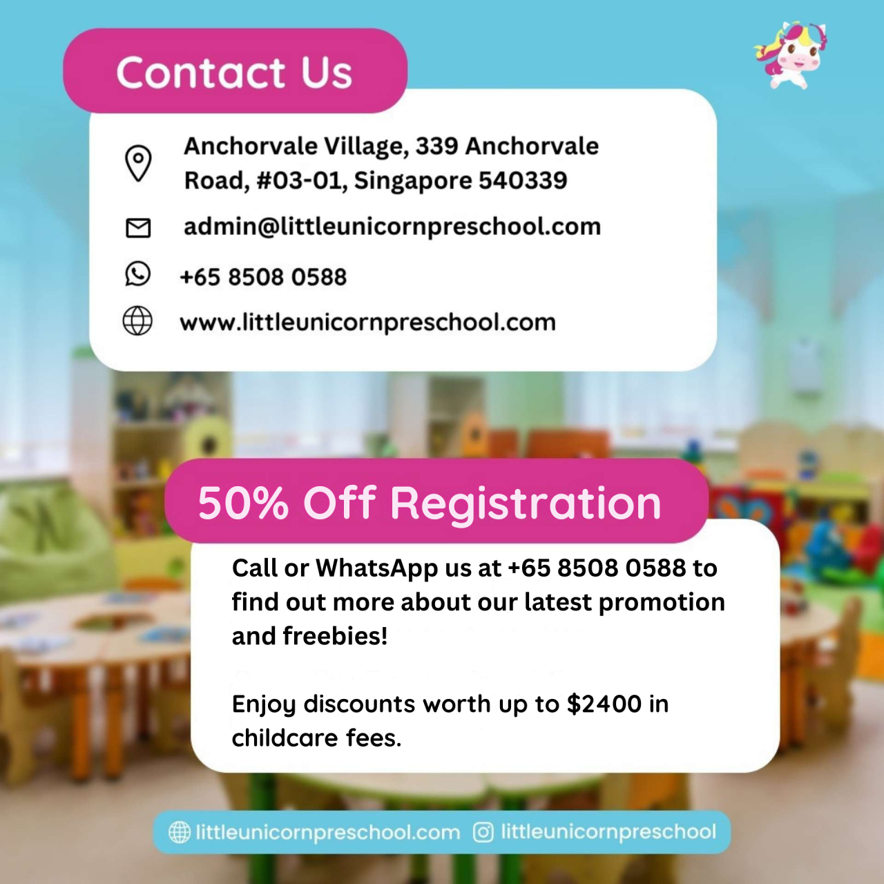 50% Off Registration 2 sets of uniforms & 1 set of PE attire or 1 set of mattress cover free open house!